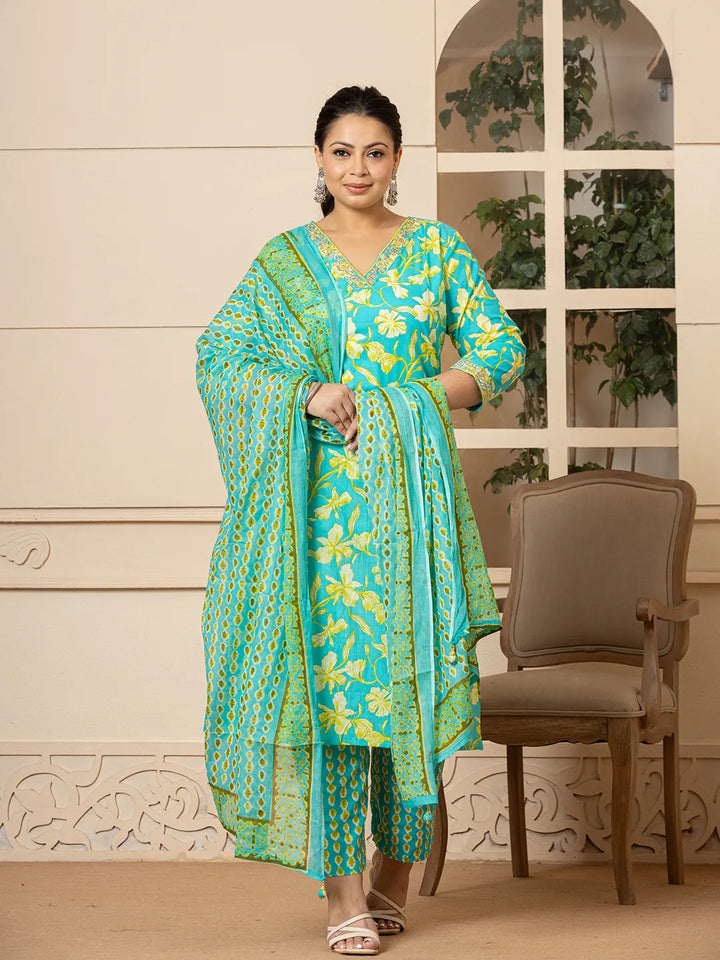 Green-Cotton-Plus-Size-Floral-Printed-3-Piece-Kurta-Set