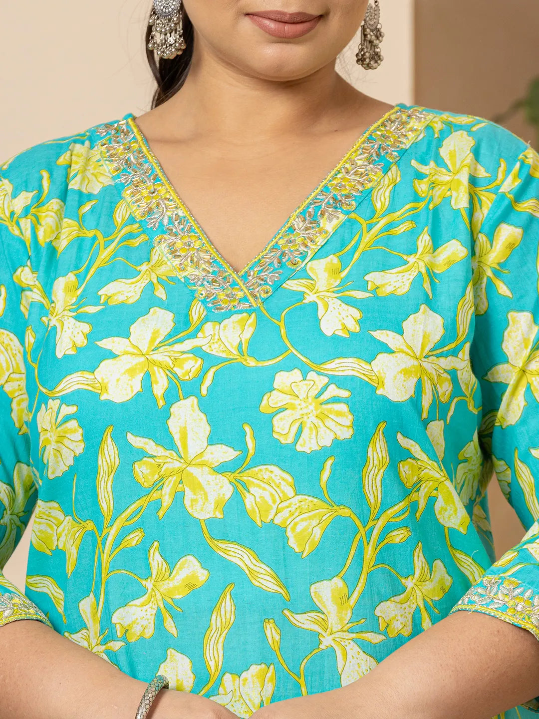 Green-Cotton-Plus-Size-Floral-Printed-3-Piece-Kurta-Set