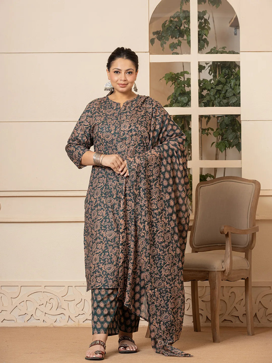 Green-Cotton-Ethnic-Motif-Print-Plus-Size-3-Piece-Kurta-Set