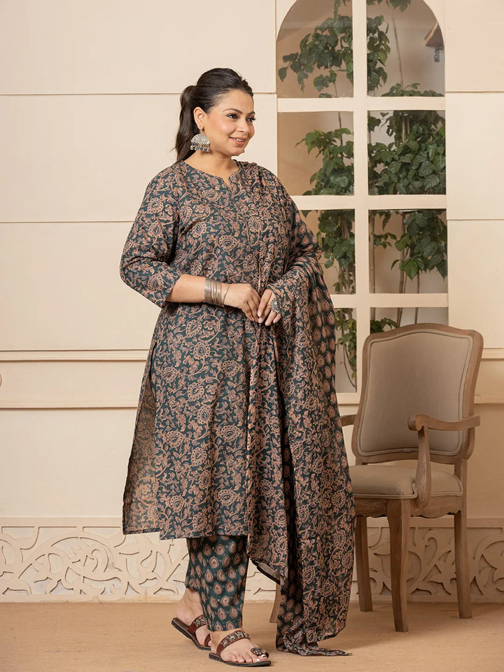 Green-Cotton-Ethnic-Motif-Print-Plus-Size-3-Piece-Kurta-Set