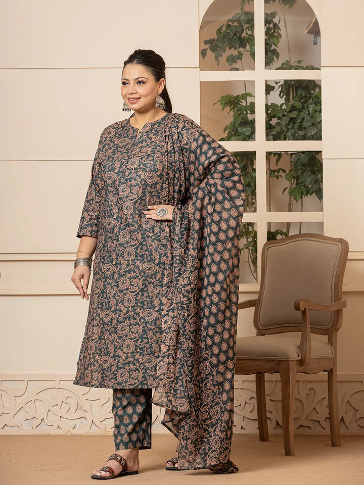 Green-Cotton-Ethnic-Motif-Print-Plus-Size-3-Piece-Kurta-Set