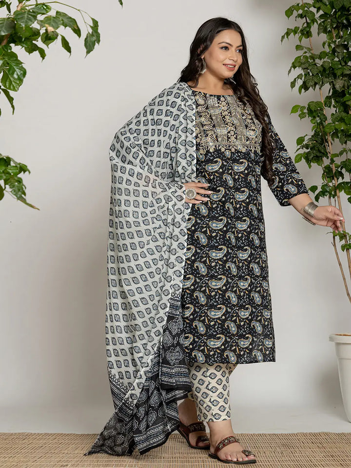 Black-Cotton-Printed-Plus-Size-3-Piece-Kurta-Set