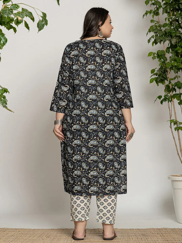 Black-Cotton-Printed-Plus-Size-3-Piece-Kurta-Set