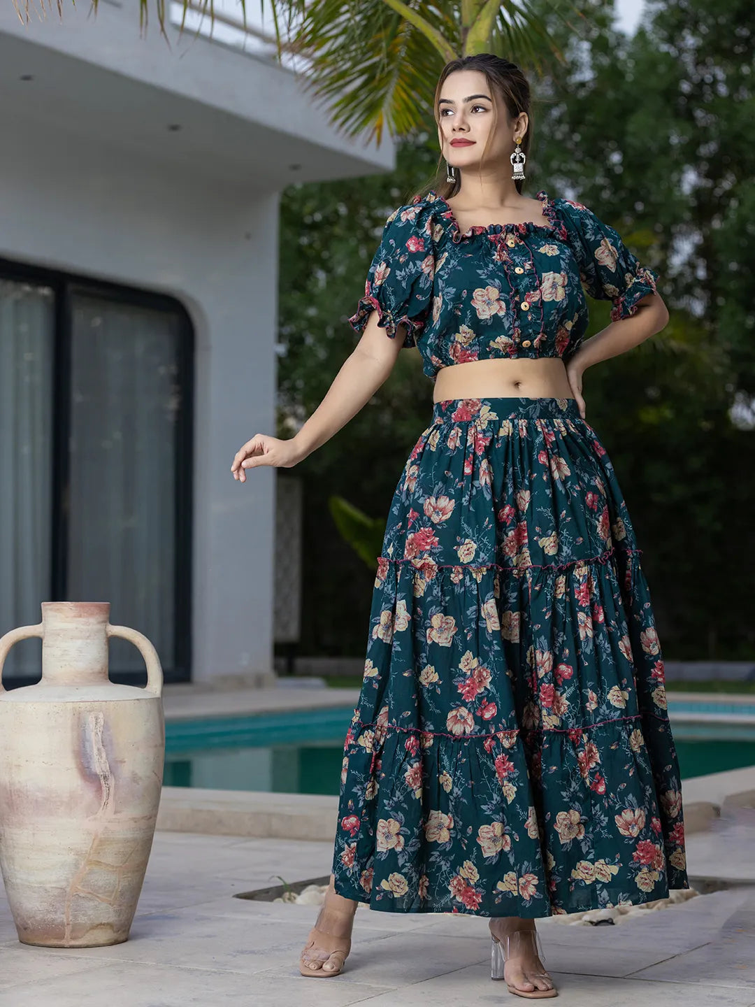 Green-Cotton-Printed-Off-Shoulder-Skirt-Co-Ord-Set