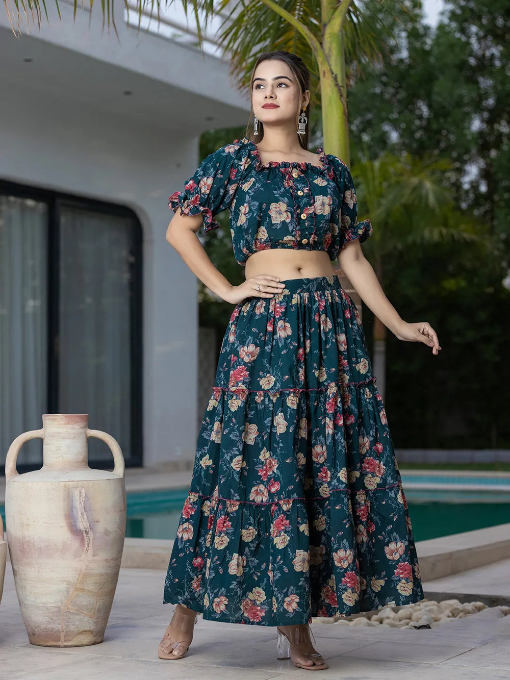 Green-Cotton-Printed-Off-Shoulder-Skirt-Co-Ord-Set