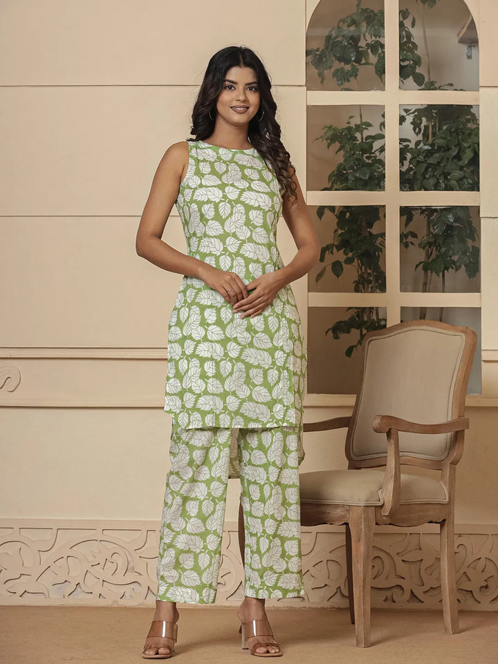 Green-Cotton-Summer-Leaf-Print-Co-Ord-Set