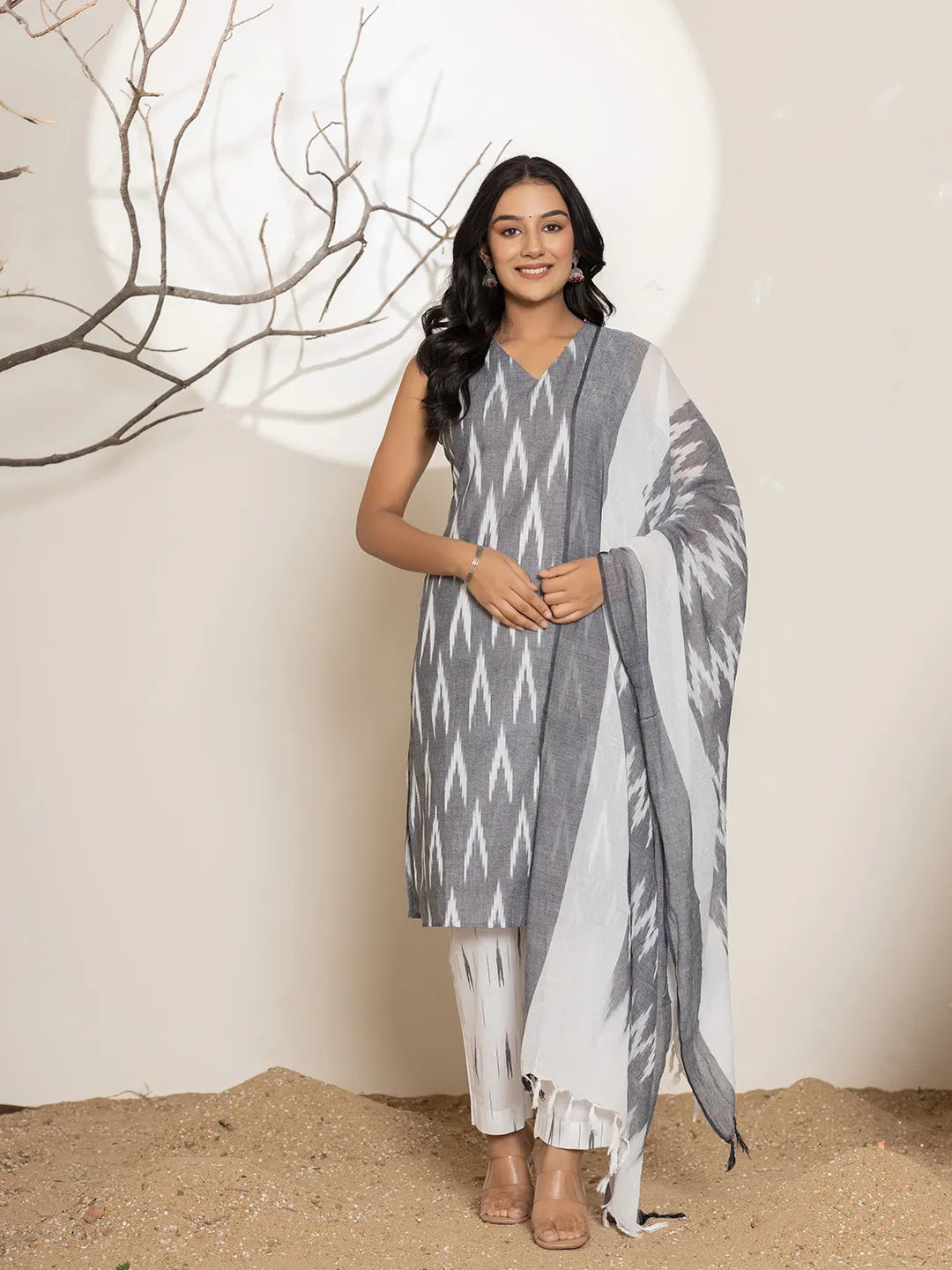 Grey-Cotton-Ikat-Print-Straight-3-Piece-Kurta-Set