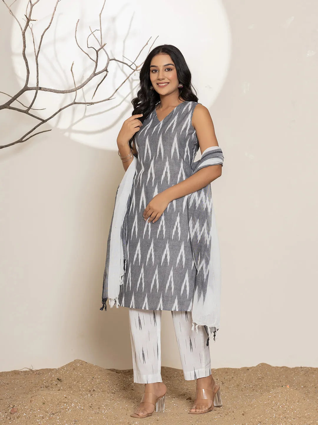 Grey-Cotton-Ikat-Print-Straight-3-Piece-Kurta-Set