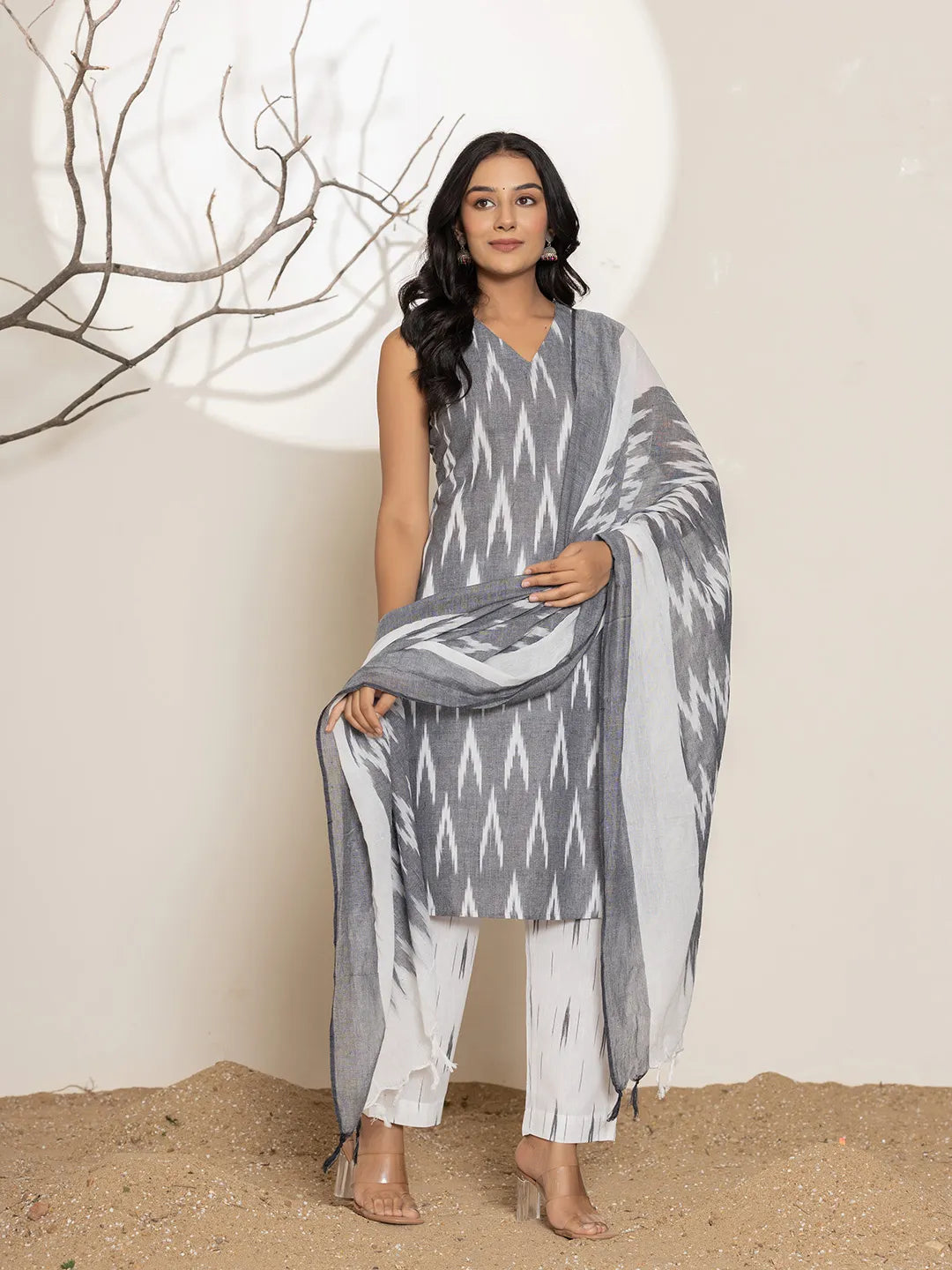 Grey-Cotton-Ikat-Print-Straight-3-Piece-Kurta-Set