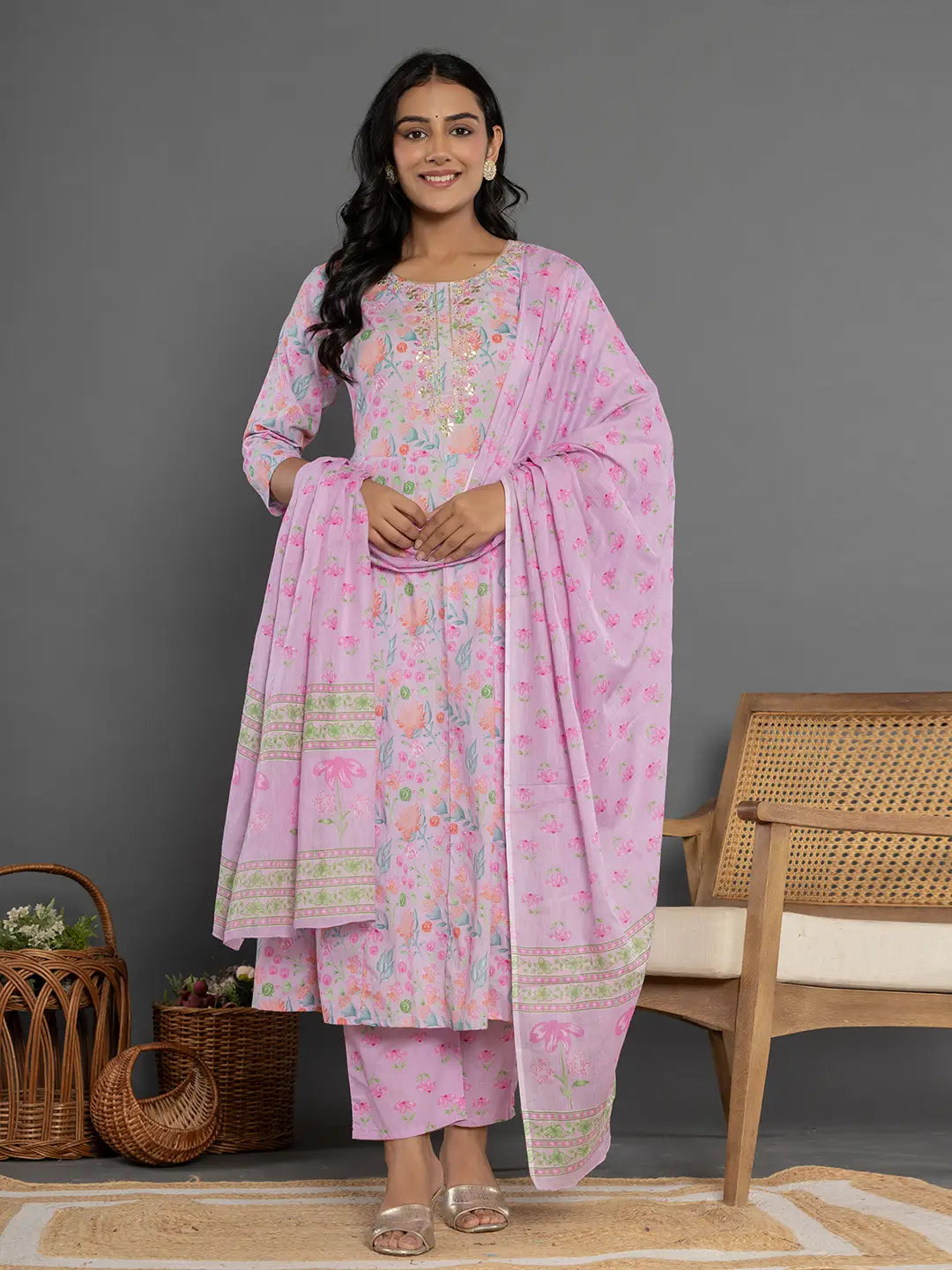 Lavender-Cotton-Floral-Printed-3-Piece-Kurta-Set