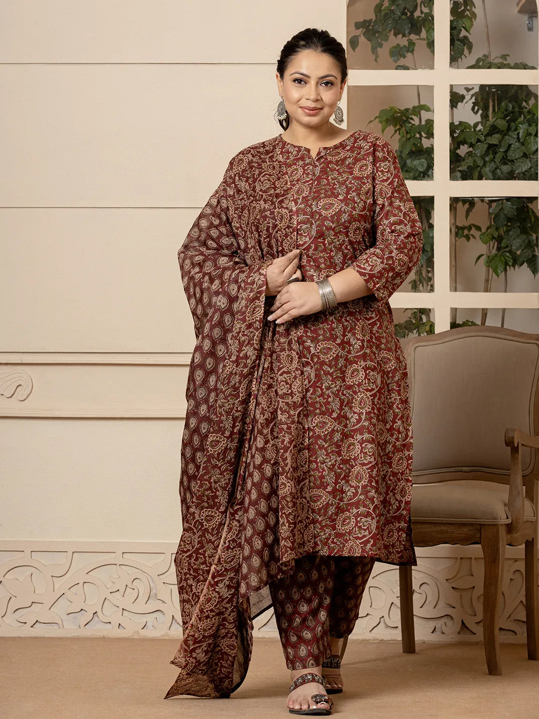 Maroon-Cotton-Ethnic-Motif-Print-Plus-Size-3-Piece-Kurta-Set