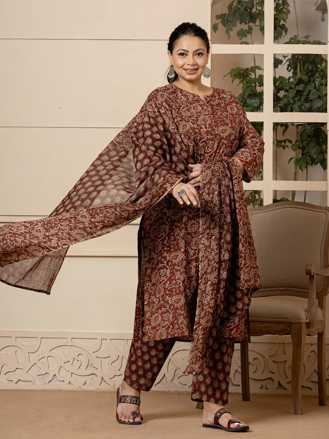 Maroon-Cotton-Ethnic-Motif-Print-Plus-Size-3-Piece-Kurta-Set