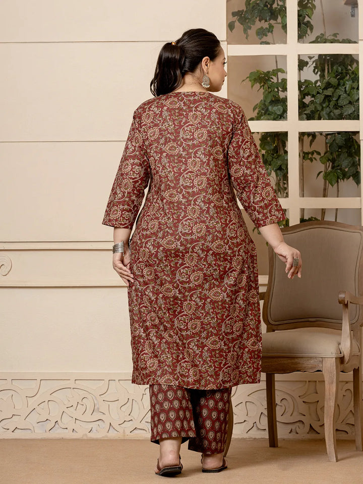 Maroon-Cotton-Ethnic-Motif-Print-Plus-Size-3-Piece-Kurta-Set