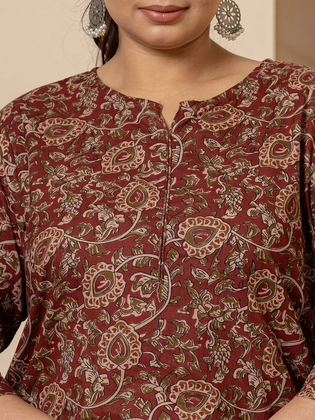 Maroon-Cotton-Ethnic-Motif-Print-Plus-Size-3-Piece-Kurta-Set