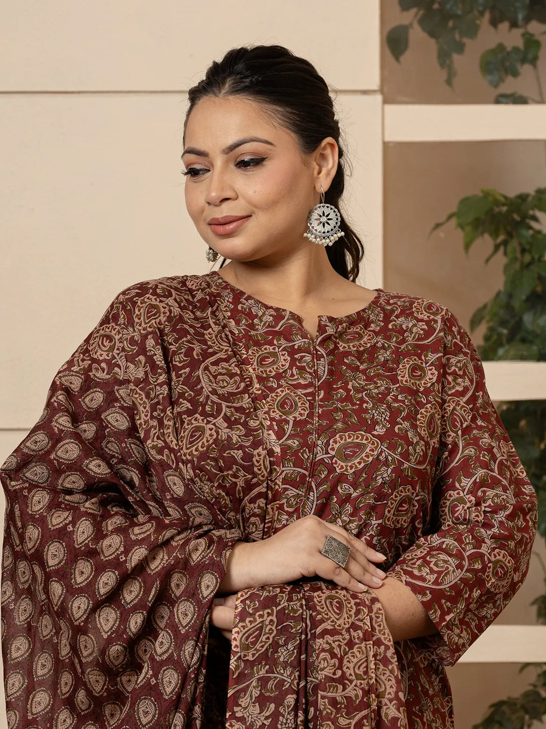 Maroon-Cotton-Ethnic-Motif-Print-Plus-Size-3-Piece-Kurta-Set