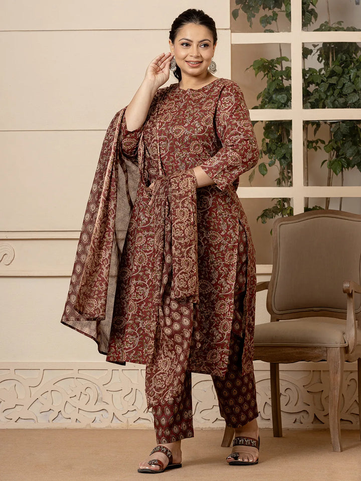 Maroon-Cotton-Ethnic-Motif-Print-Plus-Size-3-Piece-Kurta-Set