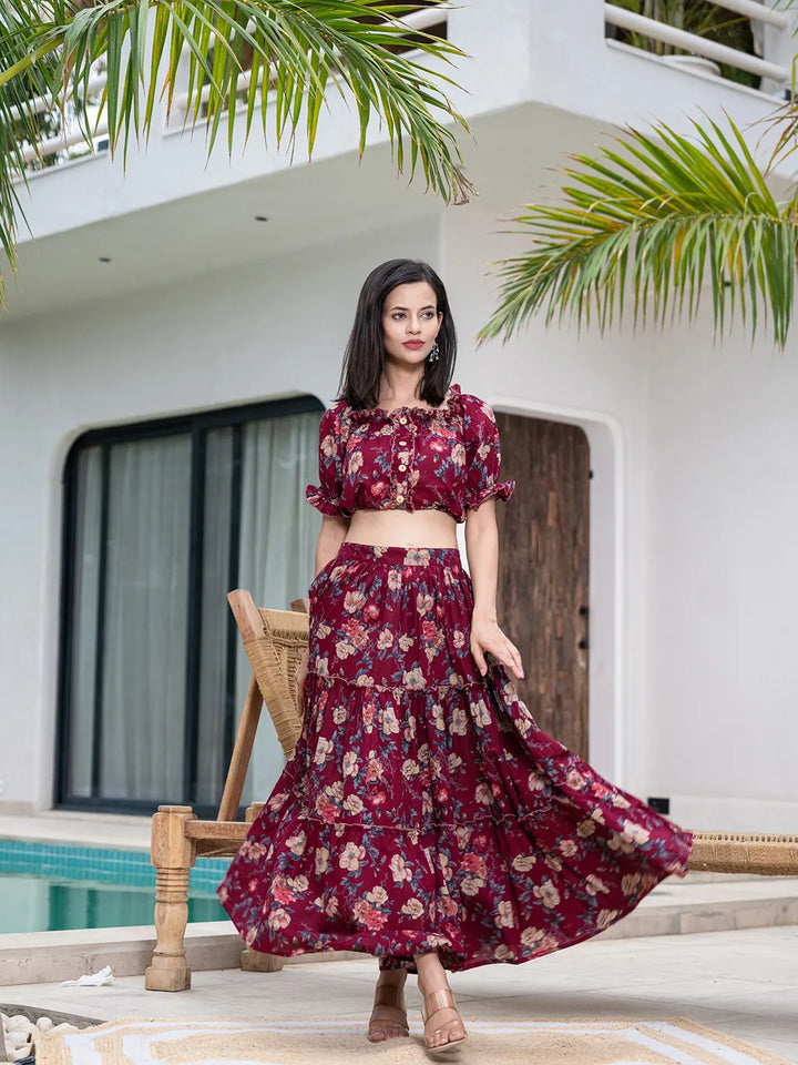 Maroon-Cotton-Printed-Off-Shoulder-Skirt-Co-Ord-Set