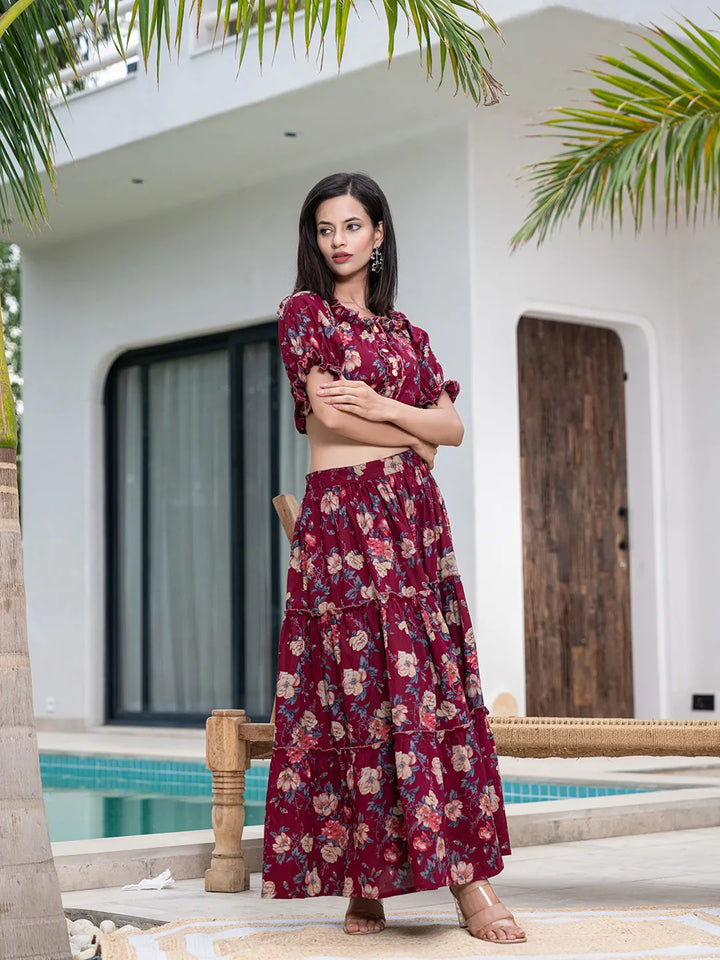 Maroon-Cotton-Printed-Off-Shoulder-Skirt-Co-Ord-Set