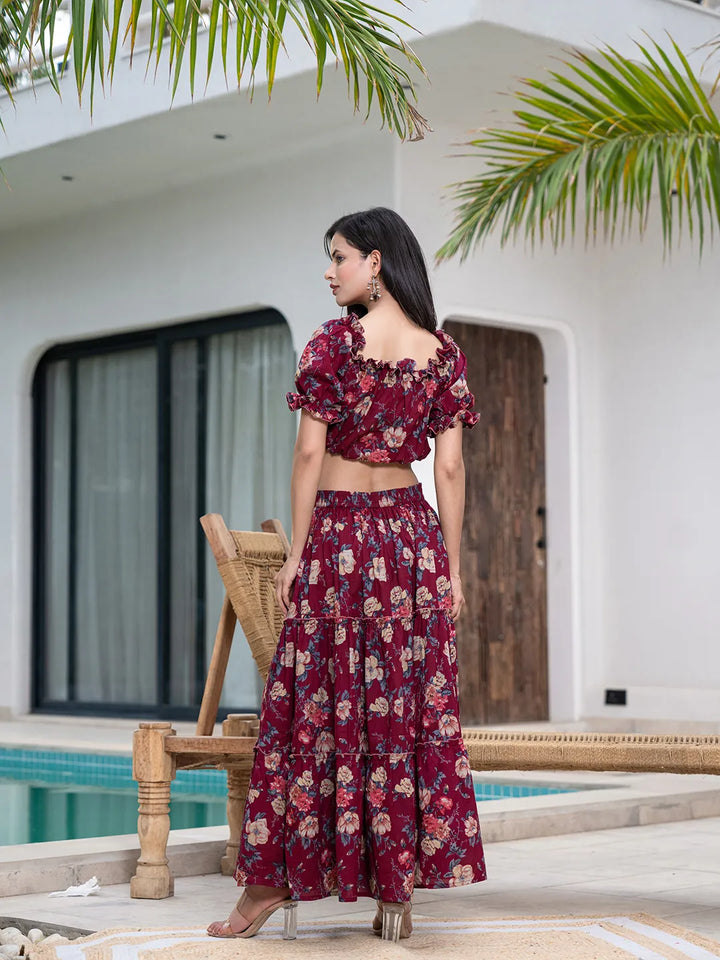 Maroon-Cotton-Printed-Off-Shoulder-Skirt-Co-Ord-Set