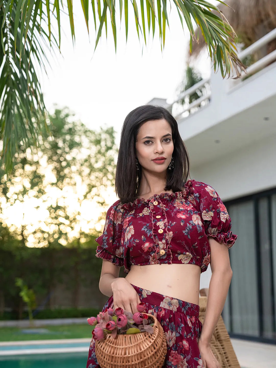 Maroon-Cotton-Printed-Off-Shoulder-Skirt-Co-Ord-Set