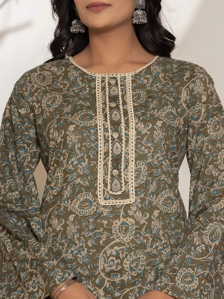 Military-Green-Cotton-Floral-Pakistani-3-Piece-Kurta-Set