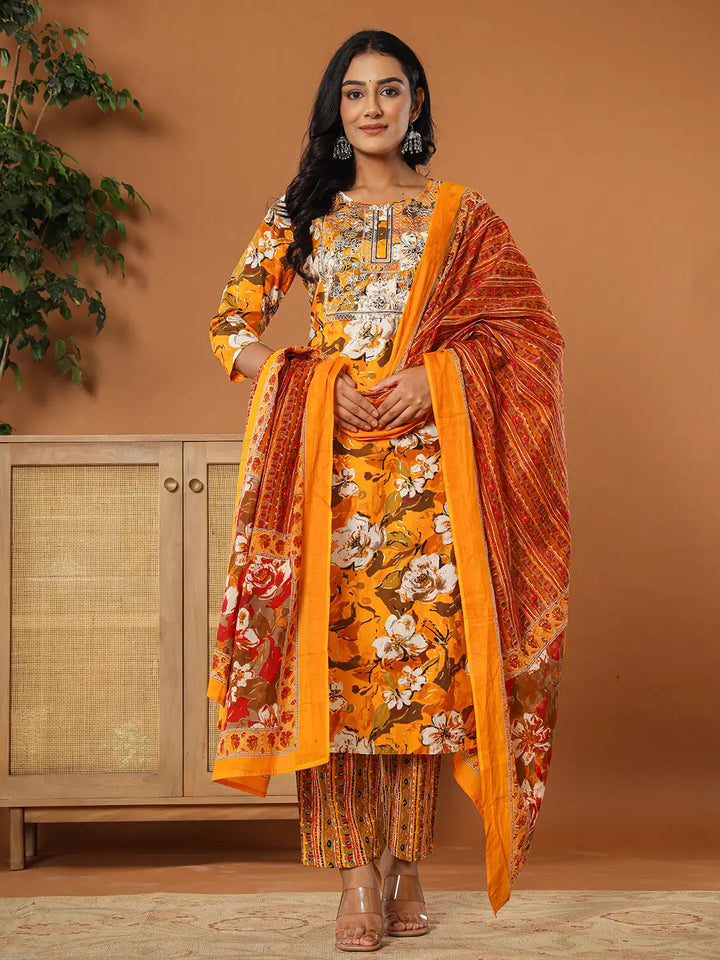 Mustard-Cotton-Floral-Embroidered-3-Piece-Kurta-Set