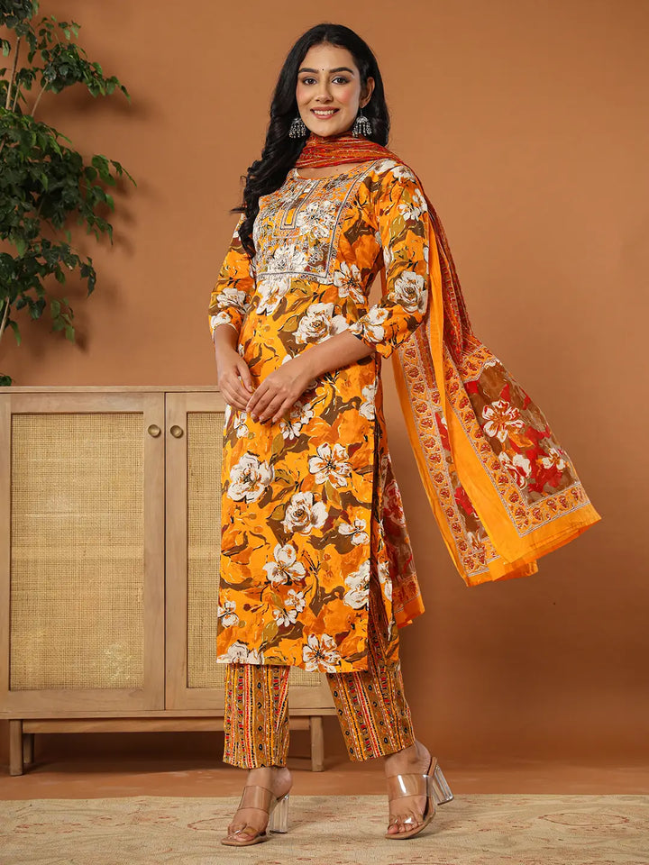 Mustard-Cotton-Floral-Embroidered-3-Piece-Kurta-Set