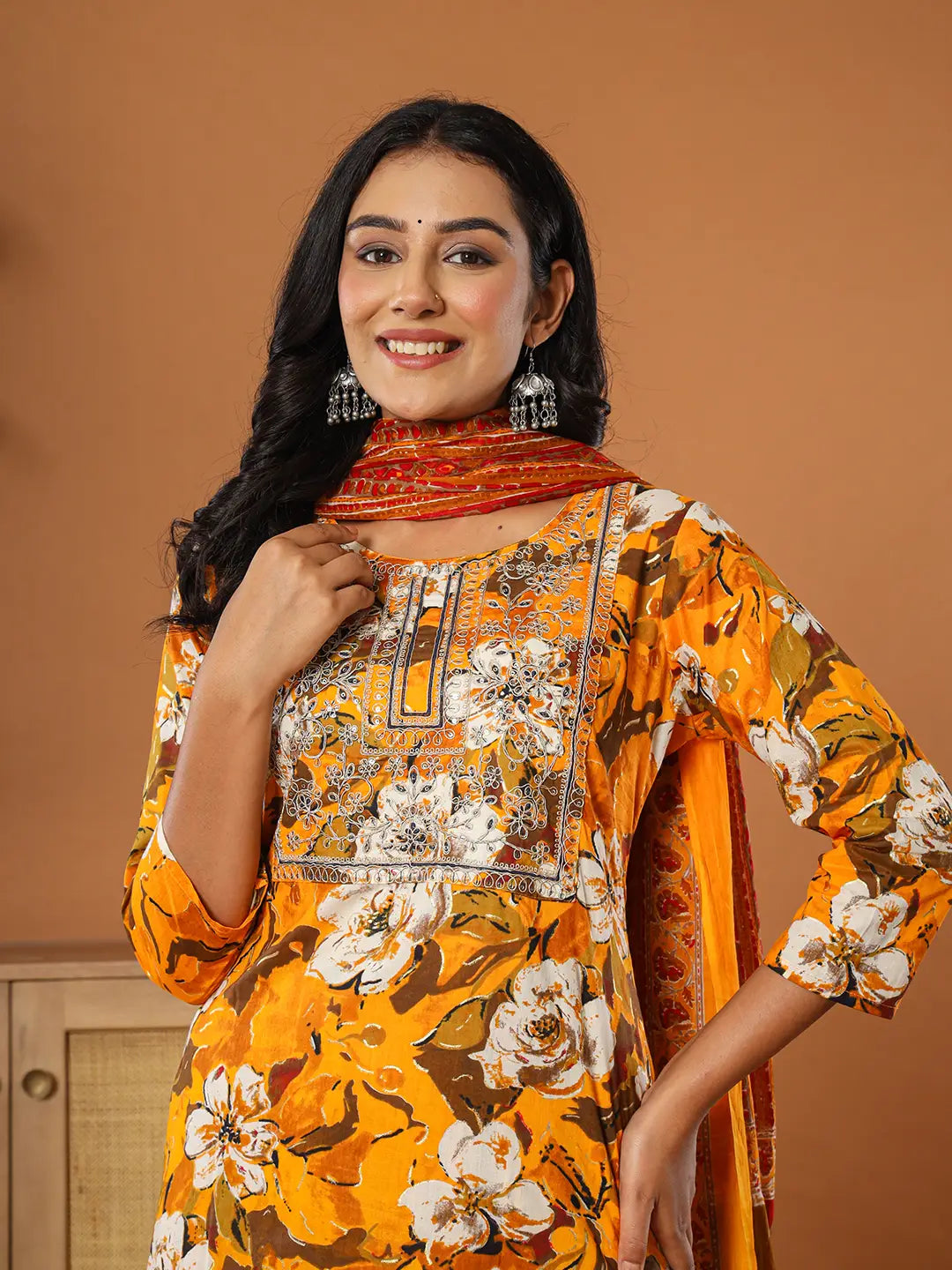 Mustard-Cotton-Floral-Embroidered-3-Piece-Kurta-Set