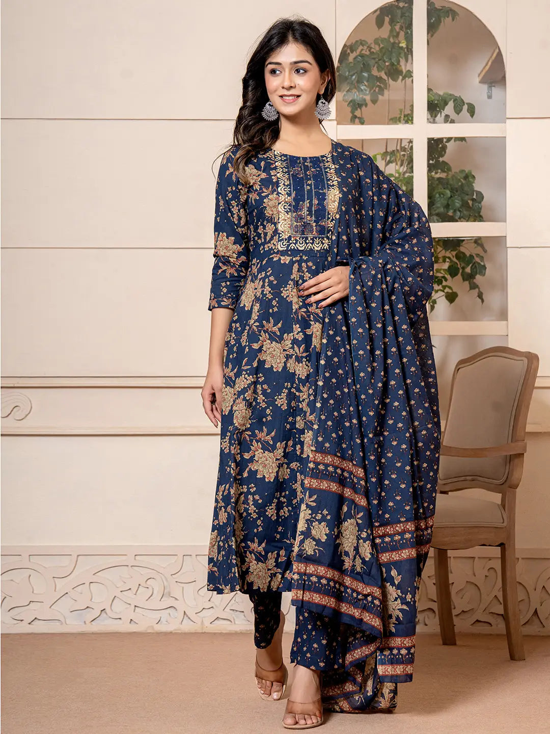 Navy-Blue-Cotton-Floral-Embroidered-Anarkali-Set