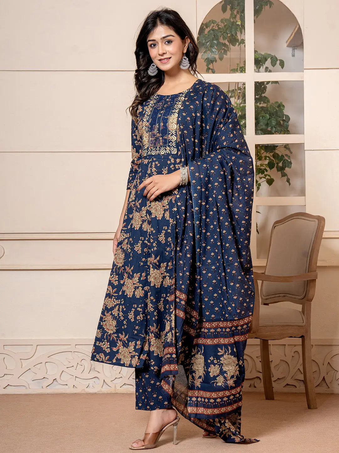 Navy-Blue-Cotton-Floral-Embroidered-Anarkali-Set