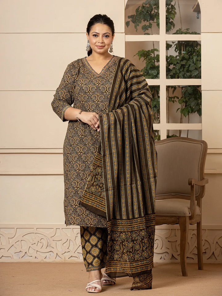 Olive-Cotton-Ethnic-Motifs-Plus-Size-3-Piece-Kurta-Set