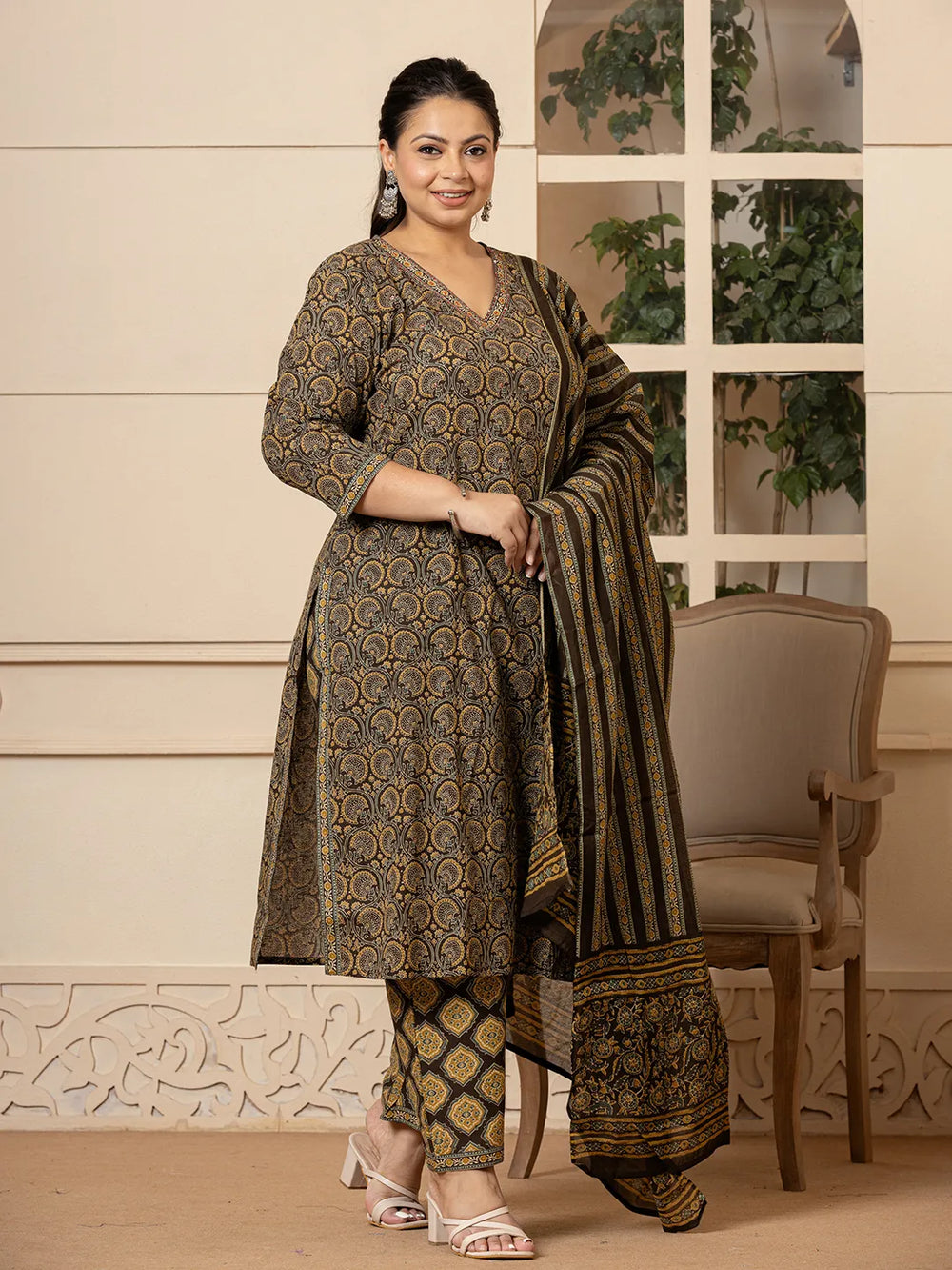 Olive-Cotton-Ethnic-Motifs-Plus-Size-3-Piece-Kurta-Set