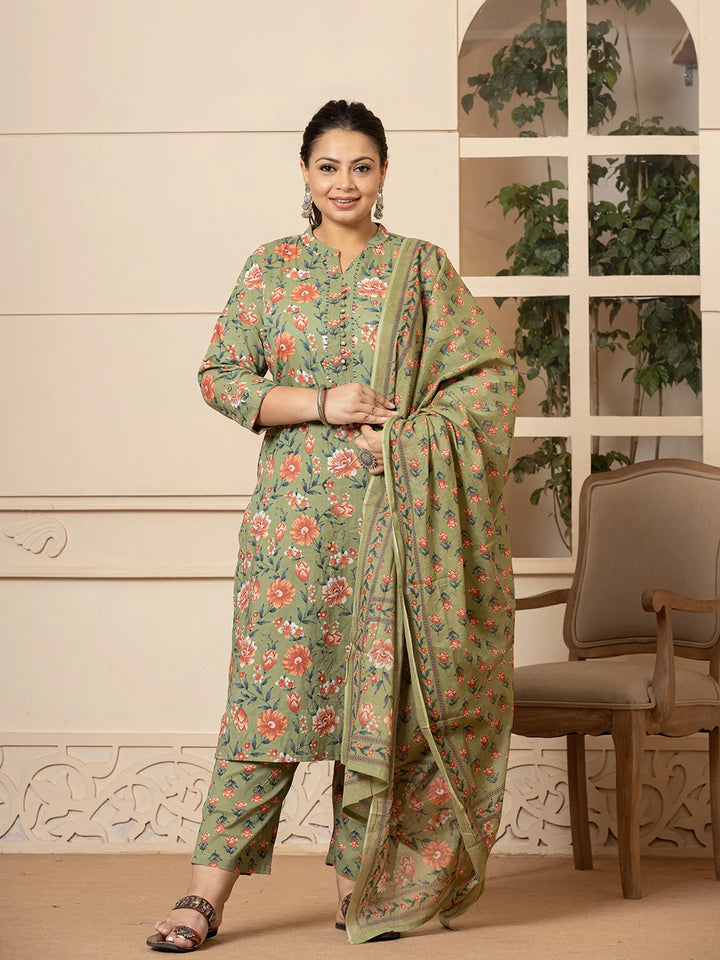 Olive-Green-Cotton-Floral-Print-Plus-Size-3-Piece-Kurta-Set