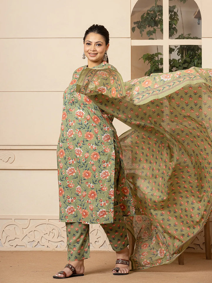 Olive-Green-Cotton-Floral-Print-Plus-Size-3-Piece-Kurta-Set