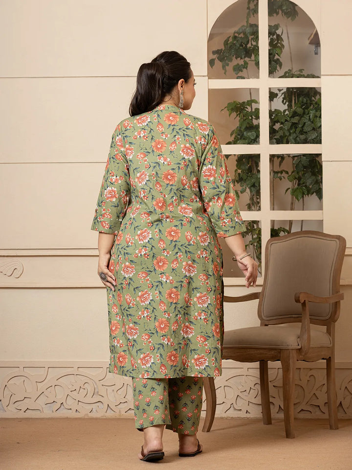 Olive-Green-Cotton-Floral-Print-Plus-Size-3-Piece-Kurta-Set