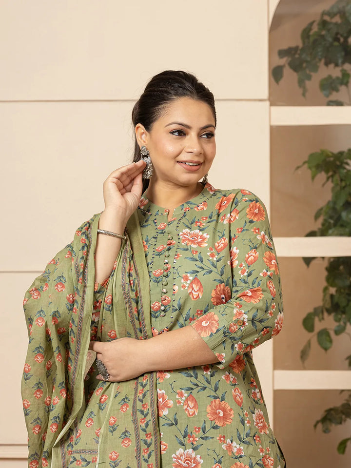 Olive-Green-Cotton-Floral-Print-Plus-Size-3-Piece-Kurta-Set