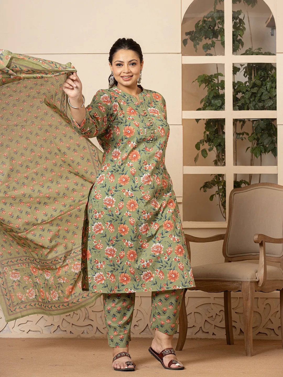 Olive-Green-Cotton-Floral-Print-Plus-Size-3-Piece-Kurta-Set