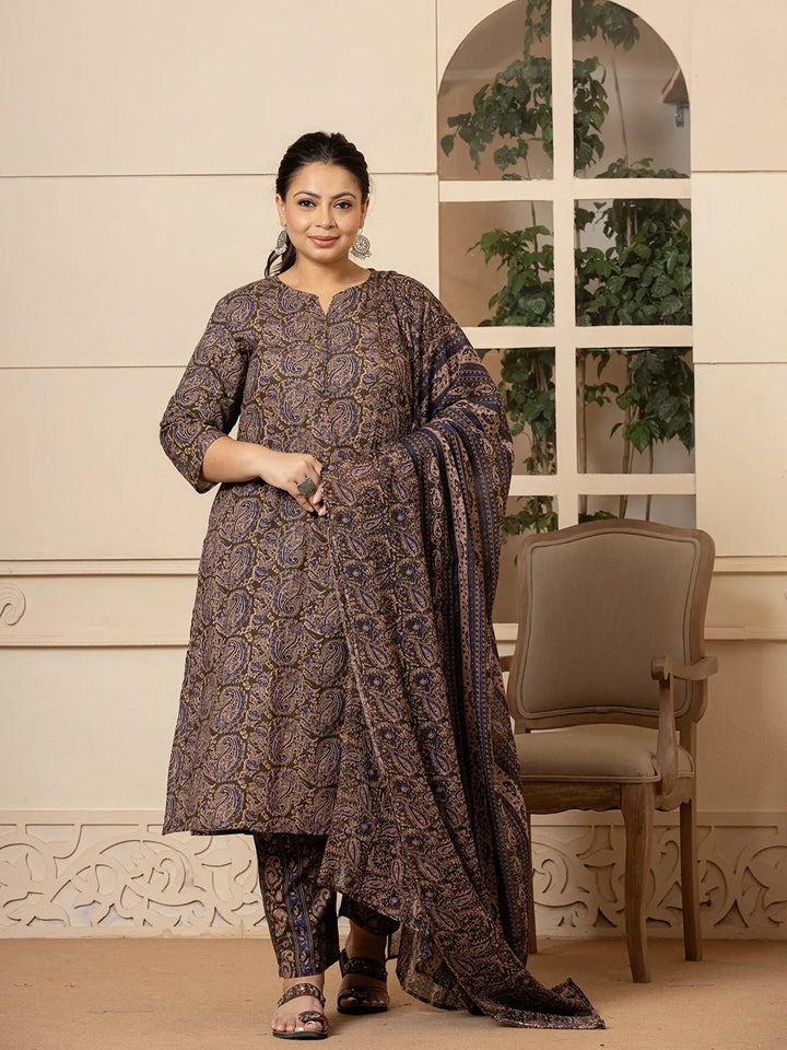 Olive-Cotton-Paisley-Print-Plus-Size-3-Piece-Kurta-Set