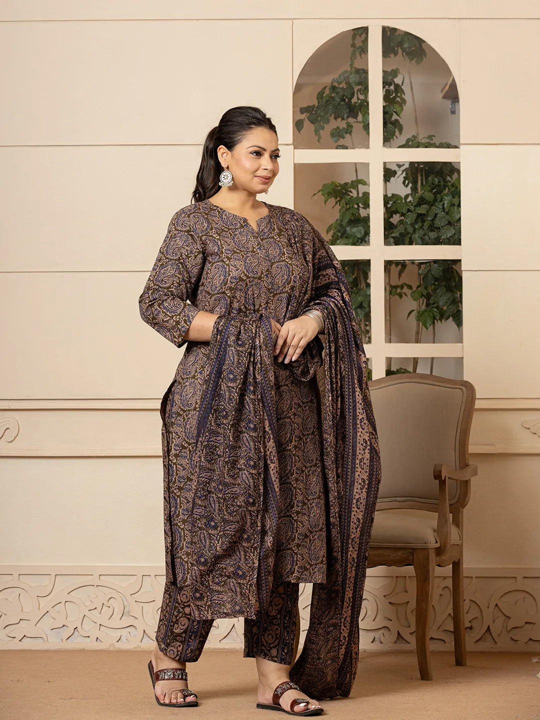 Olive-Cotton-Paisley-Print-Plus-Size-3-Piece-Kurta-Set