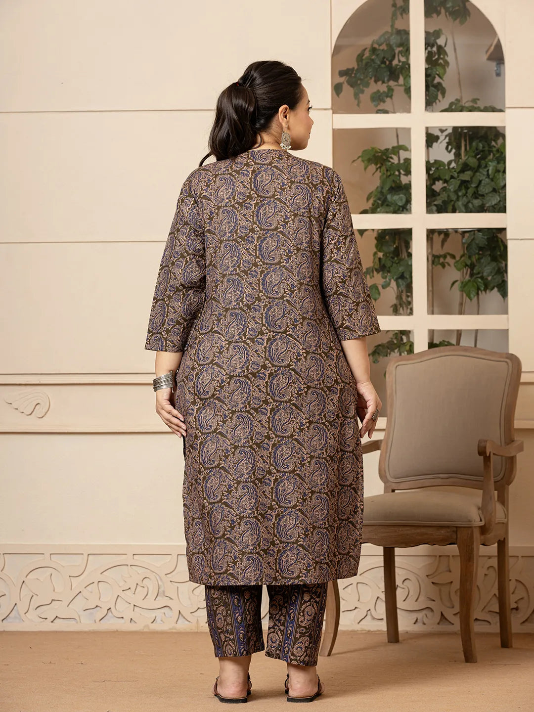 Olive-Cotton-Paisley-Print-Plus-Size-3-Piece-Kurta-Set