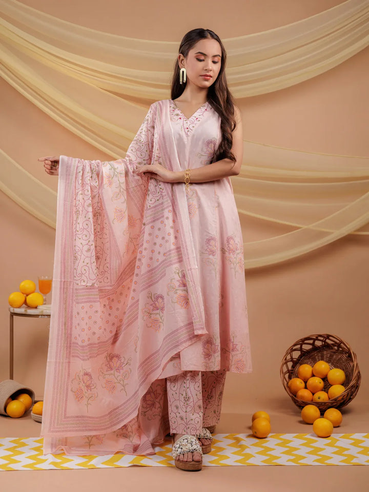 Pink-Cotton-Floral-Printed-Sleeveless-3-Piece-Kurta-Set