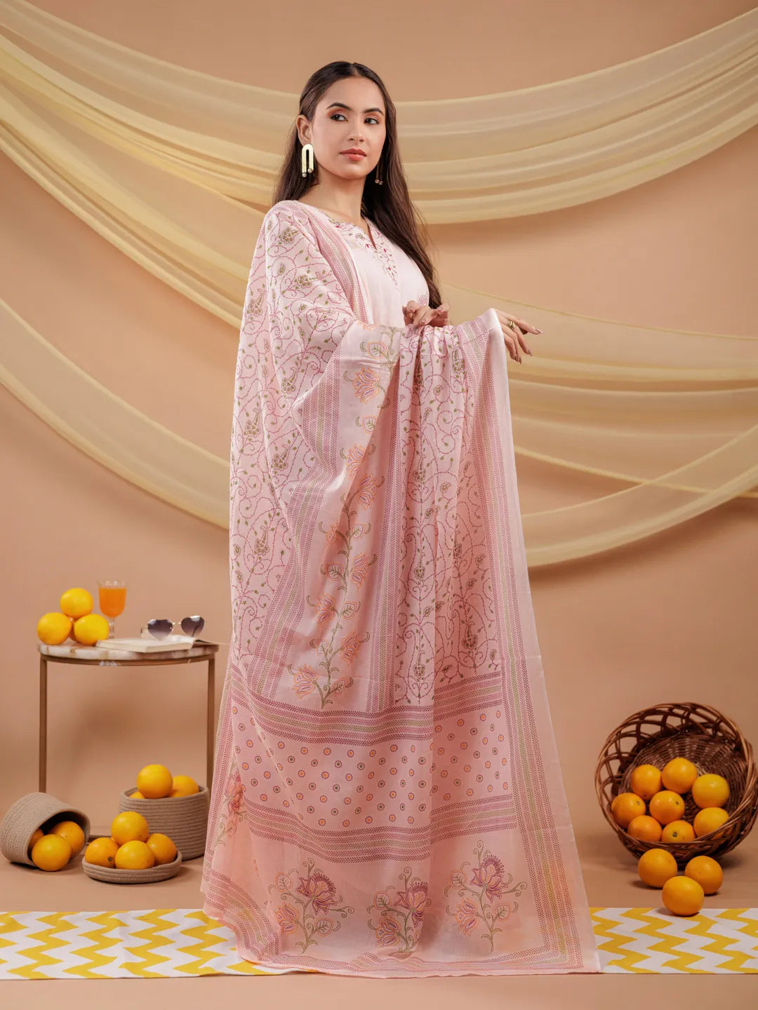 Pink-Cotton-Floral-Printed-Sleeveless-3-Piece-Kurta-Set