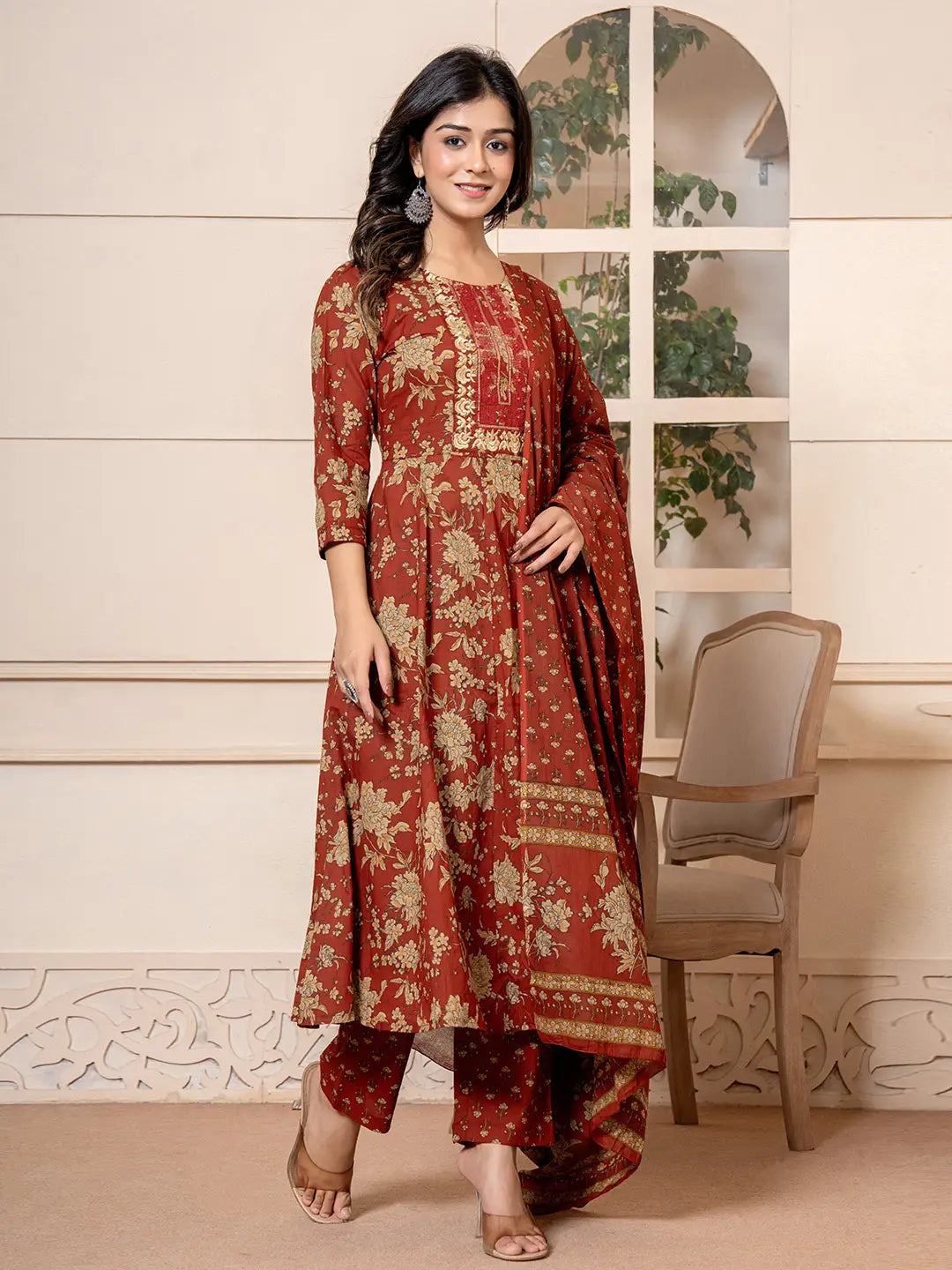 Red-Cotton-Floral-Embroidered-Anarkali-Set