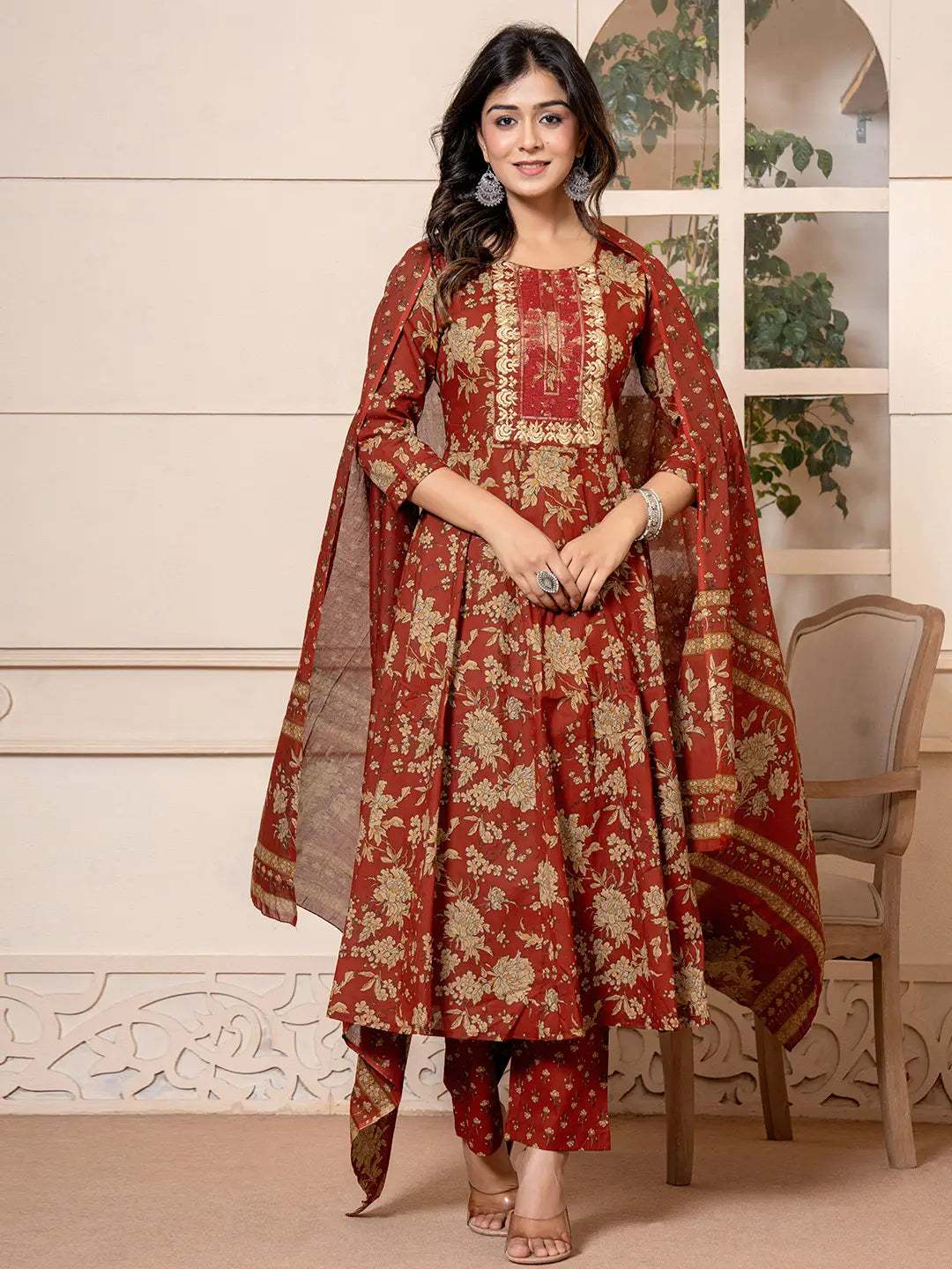 Red-Cotton-Floral-Embroidered-Anarkali-Set