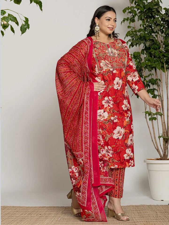 Red-Cotton-Embroidered-Plus-Size-3-Piece-Kurta-Set