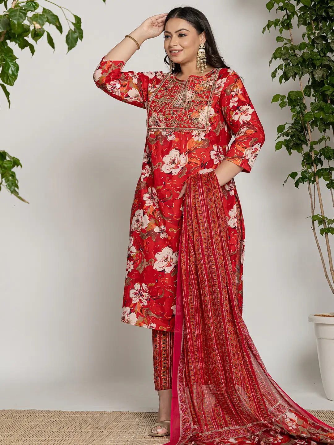 Red-Cotton-Embroidered-Plus-Size-3-Piece-Kurta-Set