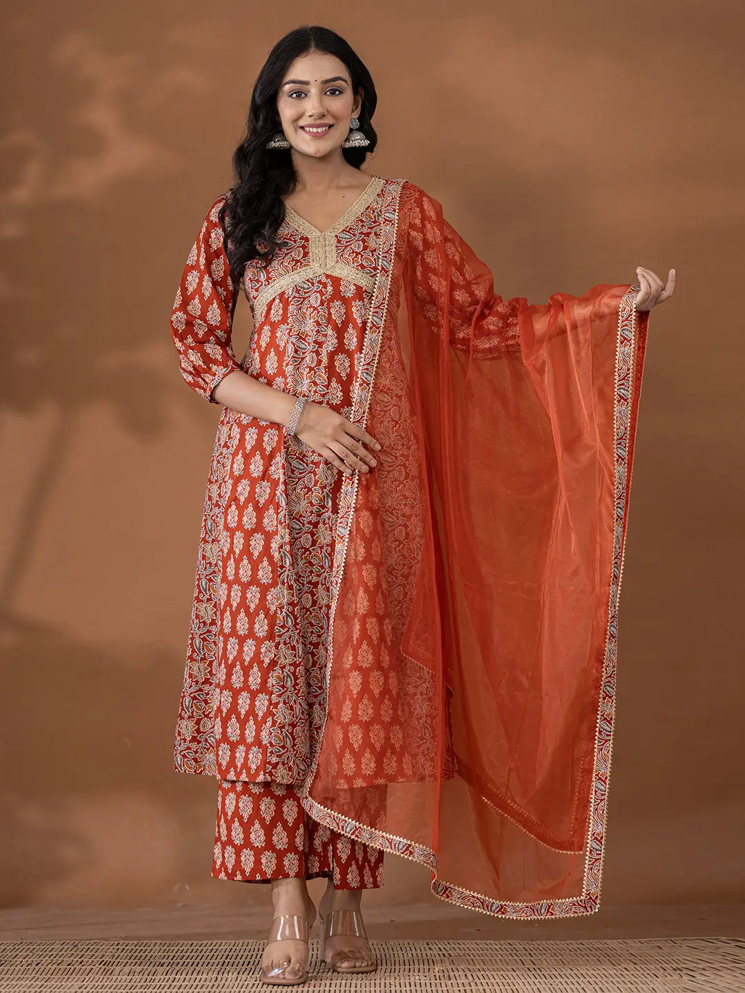 Rust-Cotton-Ethnic-Motifs-Print-Anarkali-Set