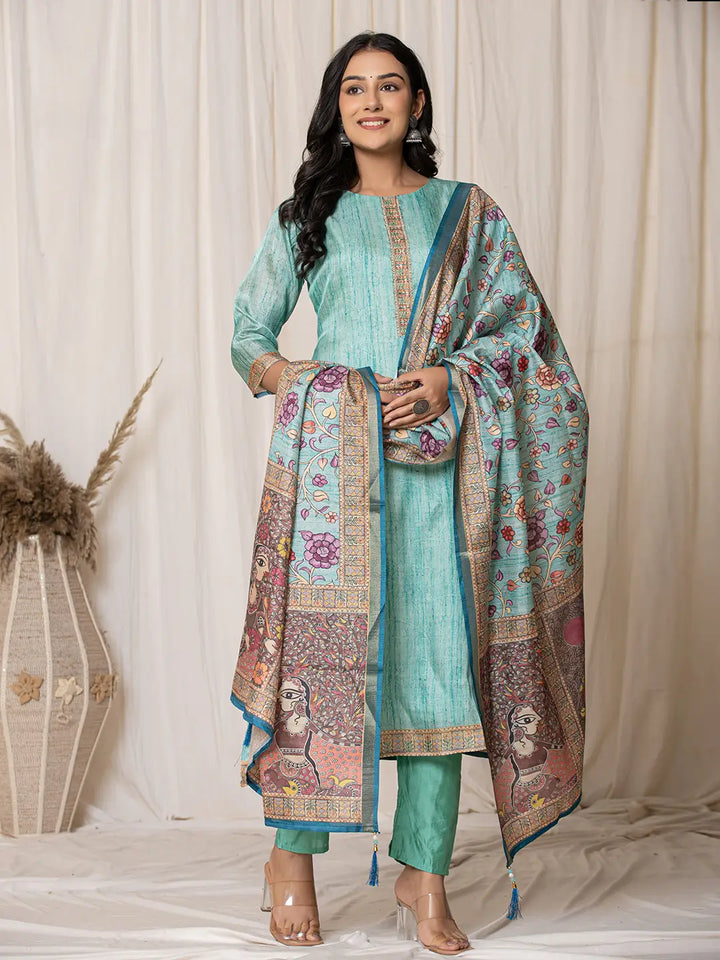 Sky-Blue-Tussar-Silk--Embroidered-A-Line-3-Piece-Kurta-Set