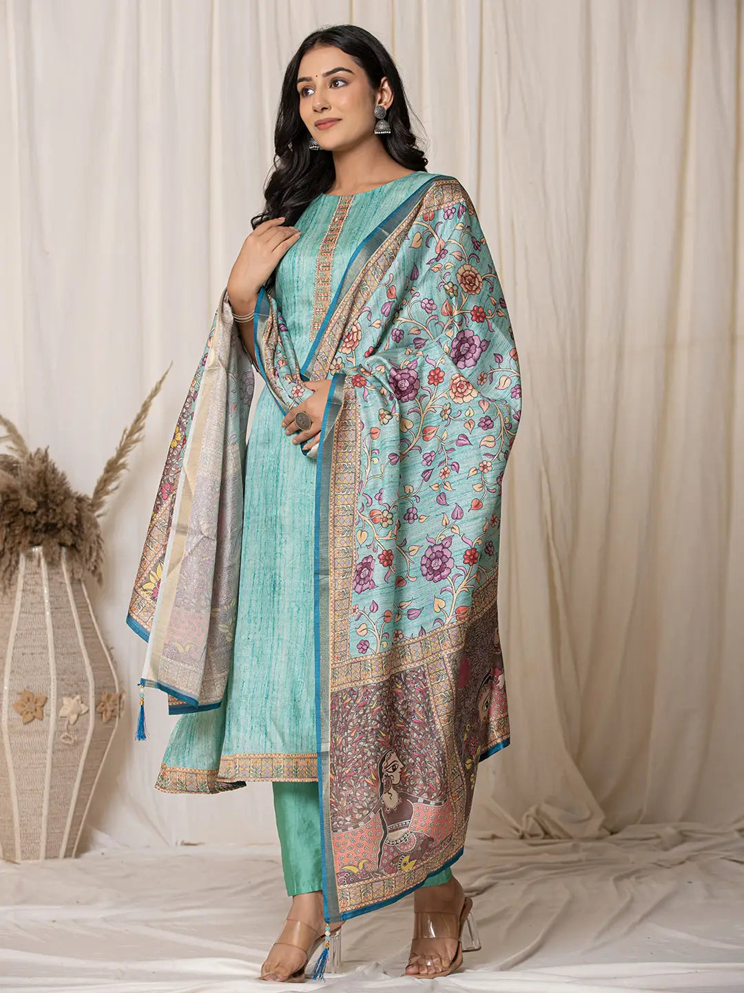 Sky-Blue-Tussar-Silk--Embroidered-A-Line-3-Piece-Kurta-Set