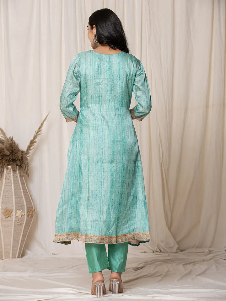 Sky-Blue-Tussar-Silk--Embroidered-A-Line-3-Piece-Kurta-Set